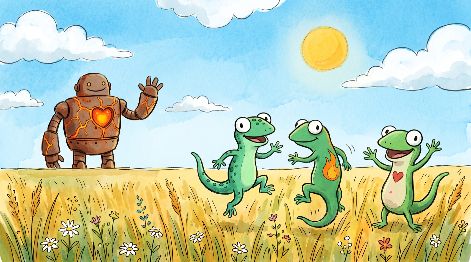 Glass, Tenfires and Ron the geckos playing in a golden grass field while the friendly Lava Robot waves