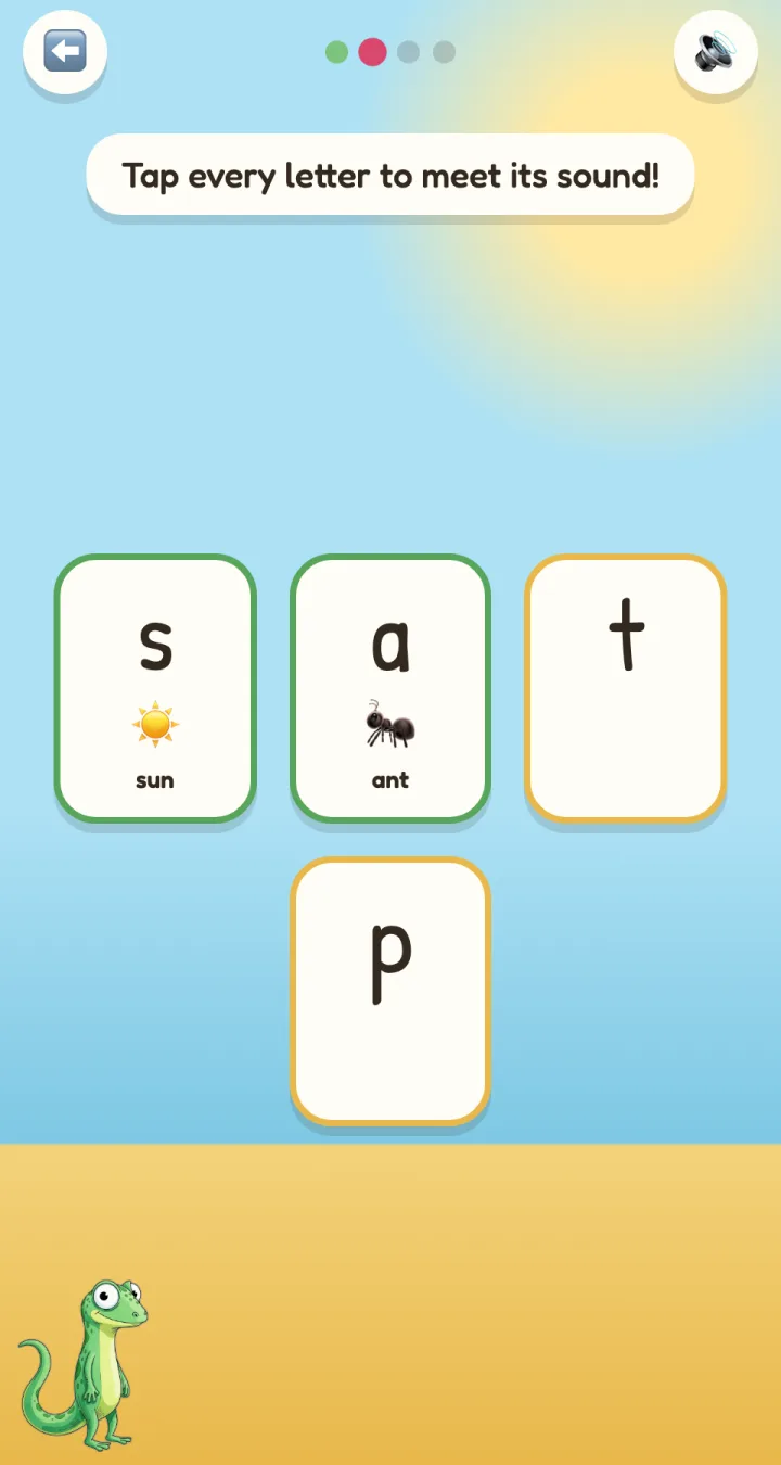 Letter party level: cards for s, a, t, p — s and a are met and show sun and ant