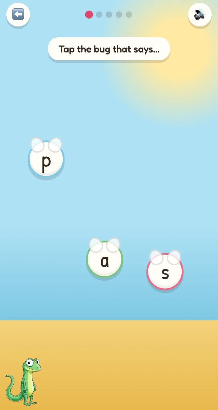 Letter sounds game: tapping the bug that says a letter sound