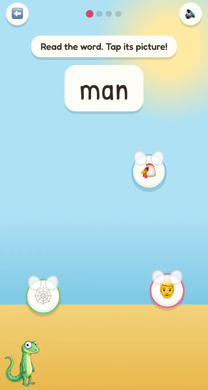 CVC word game: reading the word man and tapping its picture