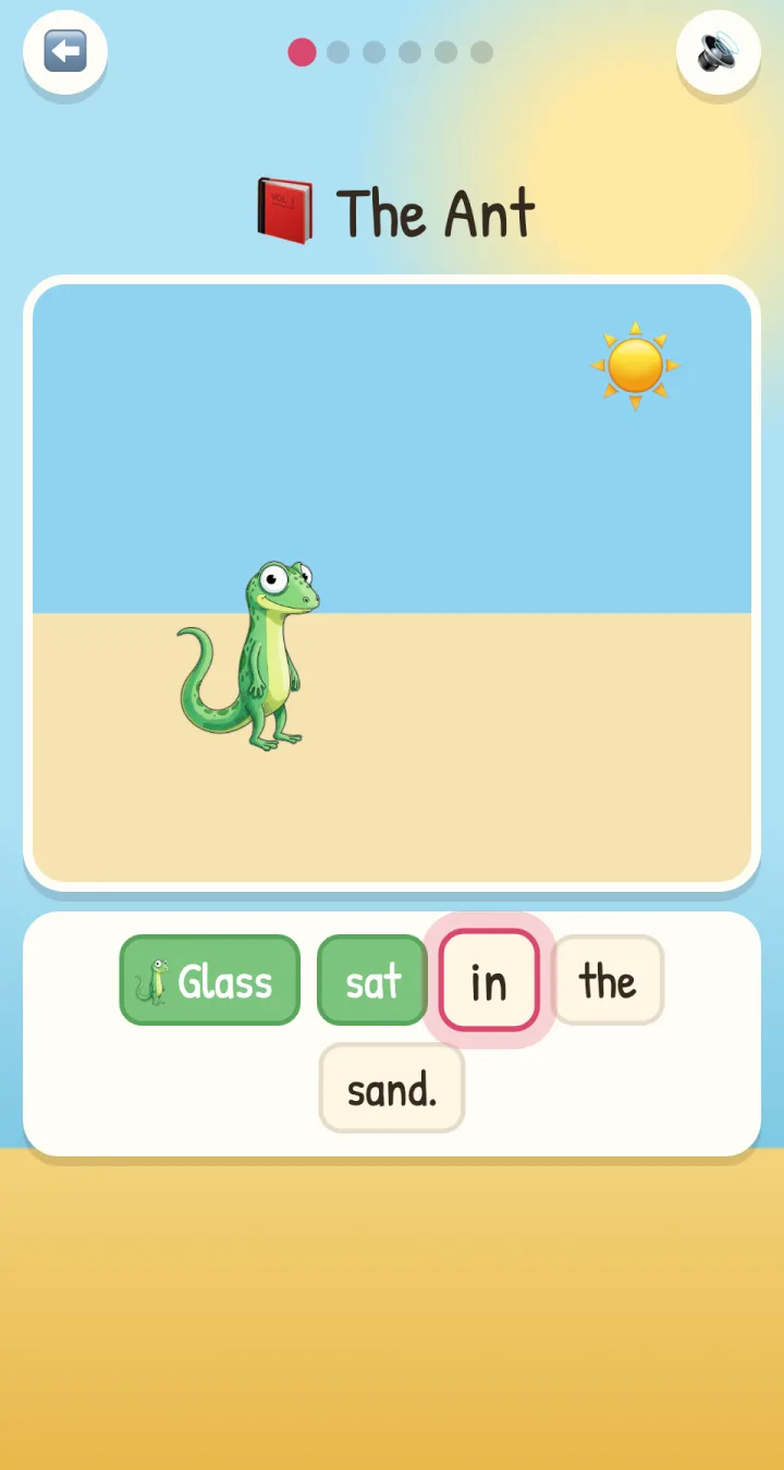 Decodable story 'The Ant': reading 'Glass sat in the sand.' word by word animates the scene
